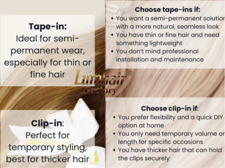 Fita vs Clipe em extensões de cabelo vs Trama amarrada à mão